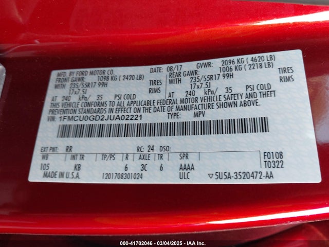 1FMCU0GD2JUA02221 Ford ESCAPE SE