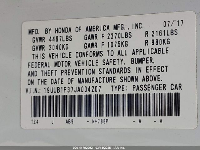 19UUB1F37JA004207 Acura TLX