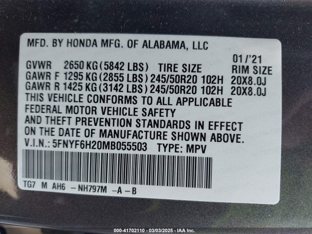 5FNYF6H20MB055503 Honda Pilot Awd Special Edition