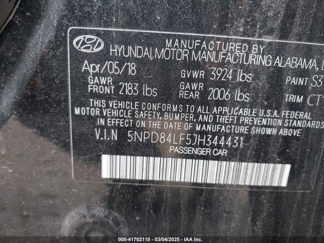 5NPD84LF5JH344431 Hyundai ELANTRA SEL