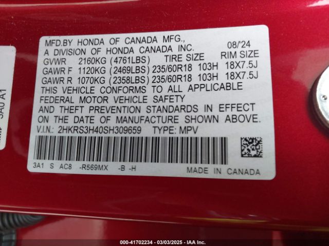 2HKRS3H40SH309659 Honda Cr-v Ex 2wd