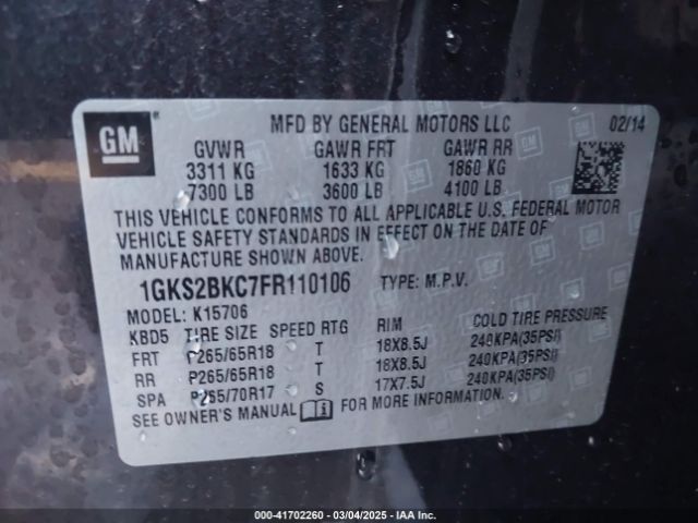 1GKS2BKC7FR110106 GMC YUKON SLT