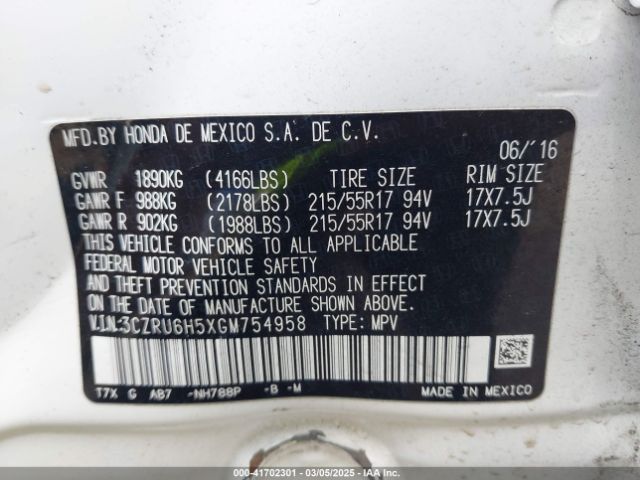 3CZRU6H5XGM754958 Honda HR-V EX