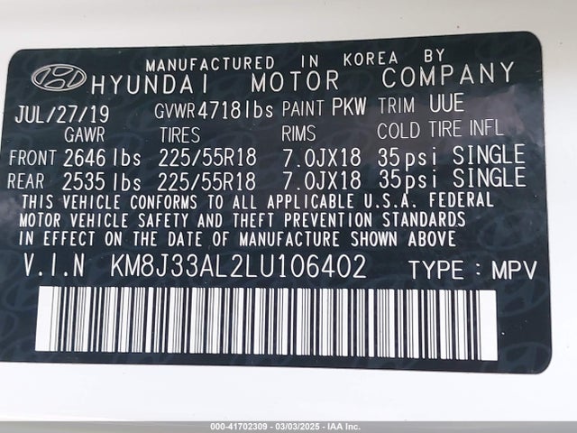 KM8J33AL2LU106402 Hyundai TUCSON SEL