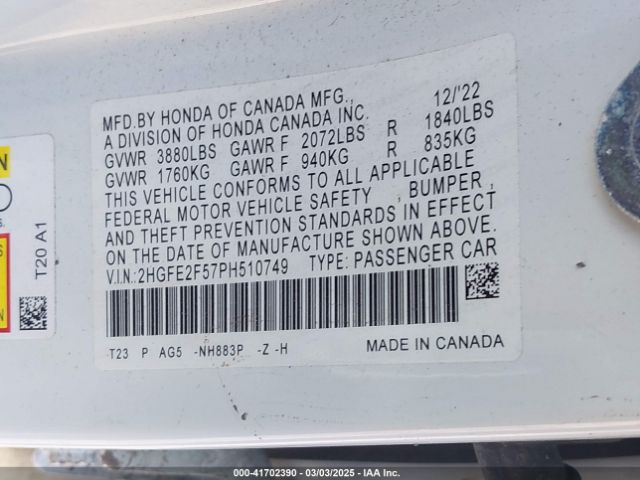 2HGFE2F57PH510749 Honda Civic Sport