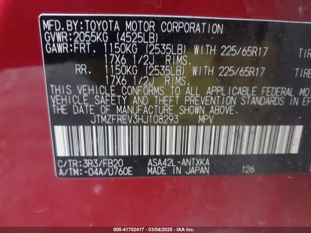 JTMZFREV3HJ108293 Toyota RAV4 LE