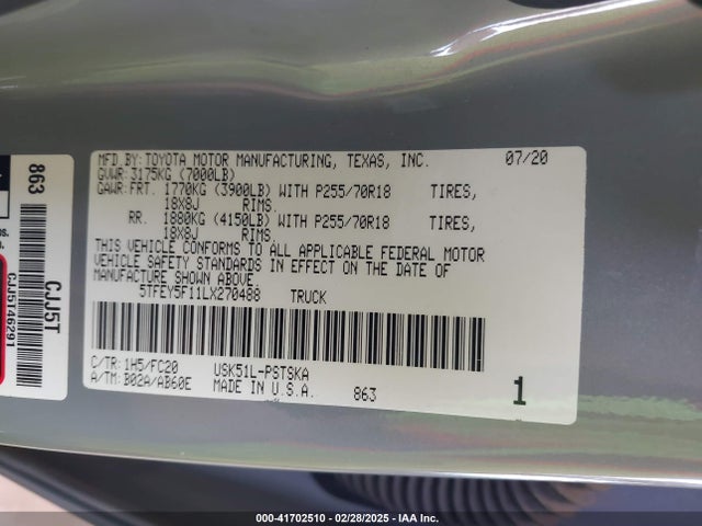 Toyota Tundra Sr5 2020 5TFEY5F11LX270488 Image 9
