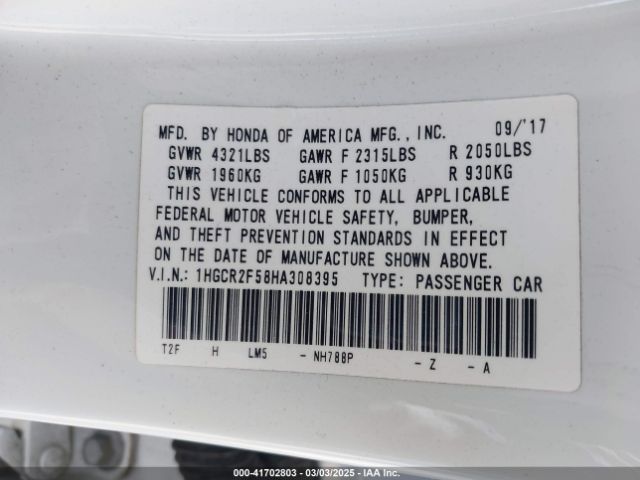 1HGCR2F58HA308395 Honda Accord Sport