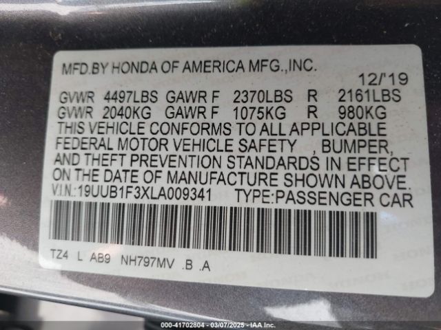19UUB1F3XLA009341 Acura Tlx Standard