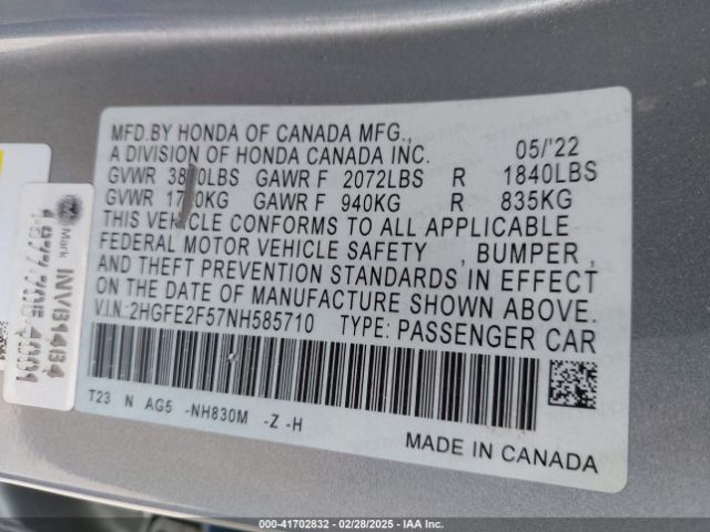 2HGFE2F57NH585710 Honda Civic Sport
