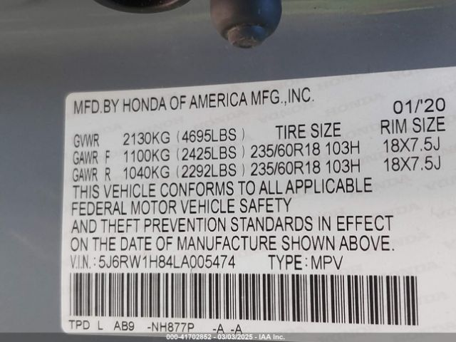 5J6RW1H84LA005474 Honda Cr-v 2wd Ex-l