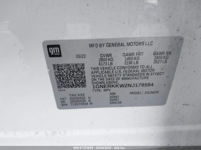 1GNERKKW2NJ179594 Chevrolet Traverse Fwd Premier
