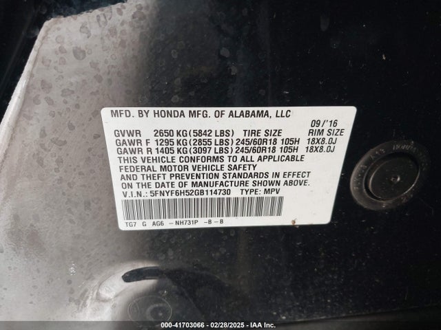 Honda Pilot Ex-l 2016 5FNYF6H52GB114730 Image 9