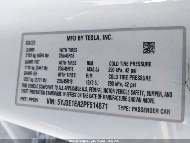 5YJ3E1EA2PF514871 Tesla Model 3 Rear-wheel Drive