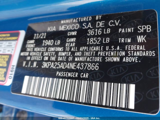 3KPA25AD4NE437866 KIA Rio 5-door S