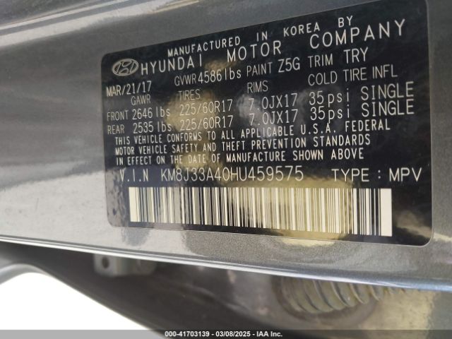 KM8J33A40HU459575 Hyundai Tucson Se Plus