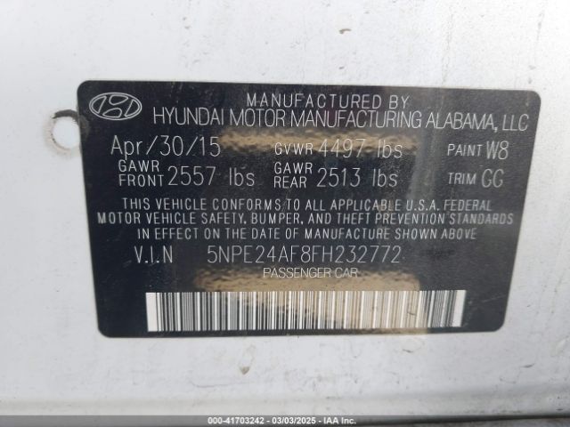 5NPE24AF8FH232772 Hyundai SONATA SE