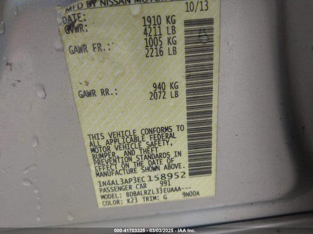 Nissan Altima 2.5 S 2014 1N4AL3AP3EC158952 Image 9