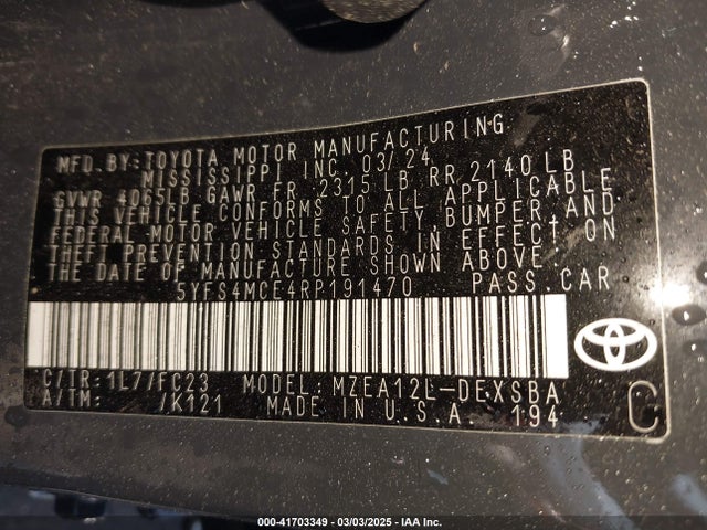 Toyota COROLLA SE 2024 5YFS4MCE4RP191470 Image 9