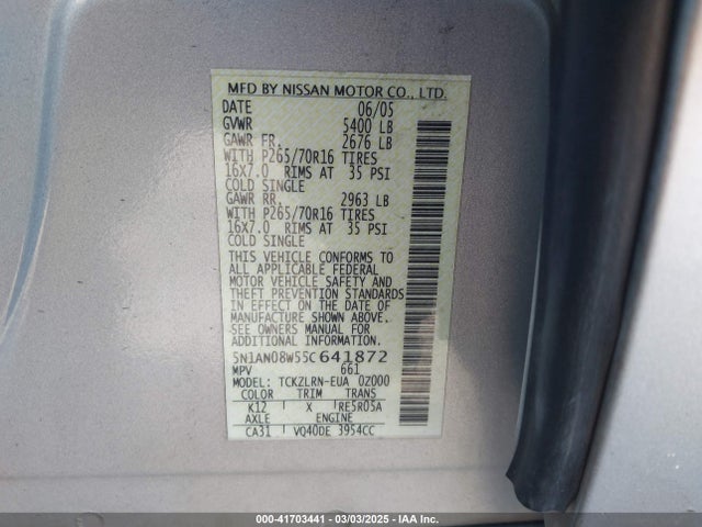 Продажа на аукционе авто 2005 Nissan Xterra S, vin: 5N1AN08W55C641872, номер лота: 41703441