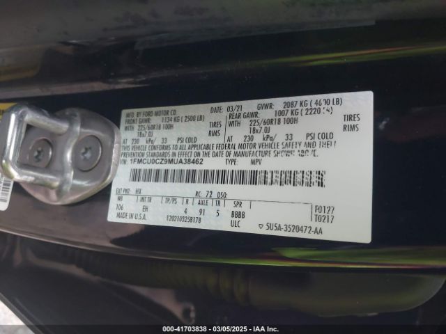 1FMCU0CZ9MUA38462 Ford Escape Sel Hybrid