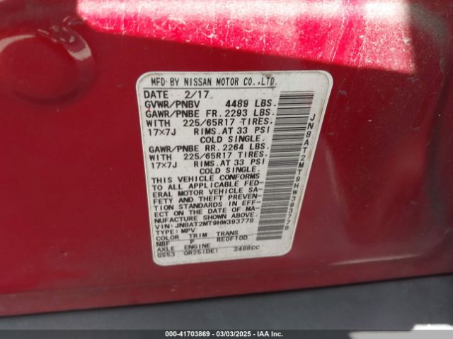 JN8AT2MT9HW393778 Nissan ROGUE S