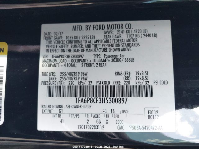 1FA6P8CF3H5300897 Ford Mustang Gt Premium