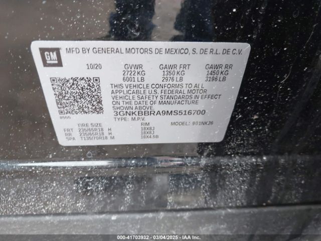 3GNKBBRA9MS516700 Chevrolet Blazer Fwd 1lt