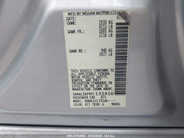 Nissan Altima 2.5 S 2015 1N4AL3AP4FC135410 Image 9