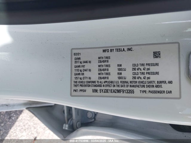2021 TESLA MODEL 3 5YJ3E1EA2MF913355 Photo 8
