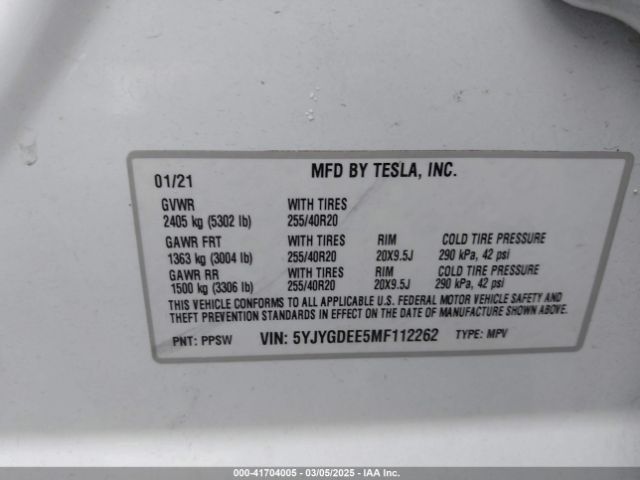 2021 TESLA MODEL Y 5YJYGDEE5MF112262 Photo 8