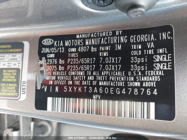 5XYKT3A60EG478764 KIA SORENTO LX