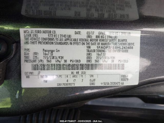 1FADP3FE8HL243458 Ford FOCUS SE