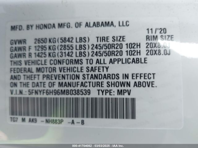 5FNYF6H96MB038539 Honda Pilot Awd Touring 8 Passenger