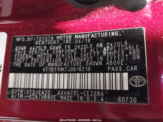 4T1B11HK7JU616219 Toyota CAMRY SE
