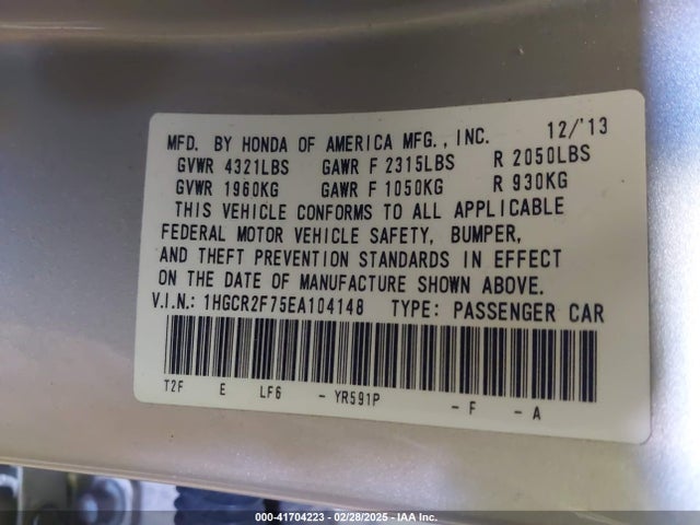 Honda ACCORD EX 2014 1HGCR2F75EA104148 Image 9