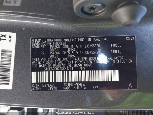 5TDEBRCH2SS651751 Toyota Highlander Hybrid Platinum