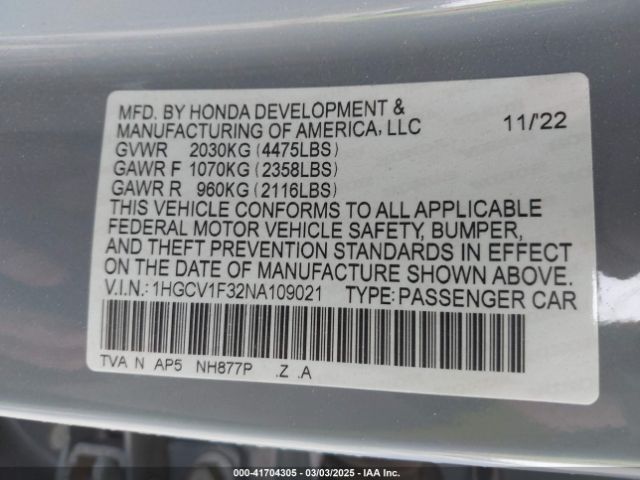 1HGCV1F32NA109021 Honda Accord Sport
