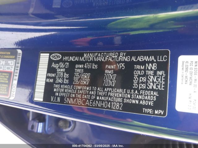 5NMJBCAE6NH041282 Hyundai TUCSON SEL