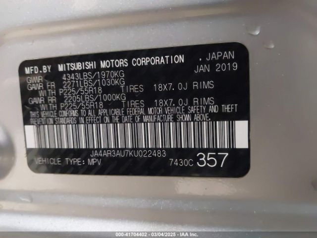 JA4AR3AU7KU022483 Mitsubishi Outlander Sport 2.0 Le