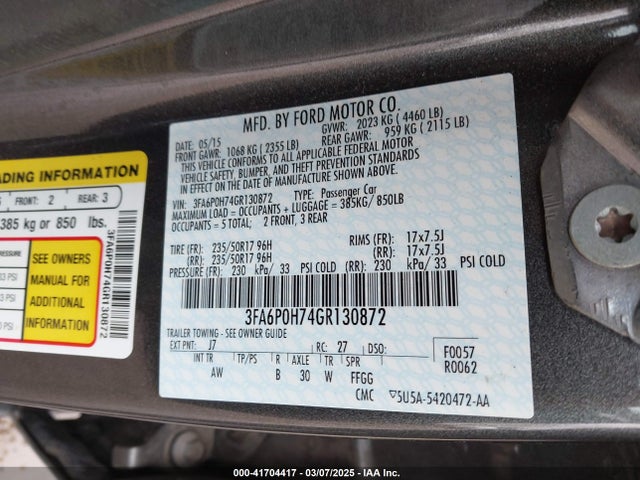 Ford FUSION SE 2016 3FA6P0H74GR130872 Image 9