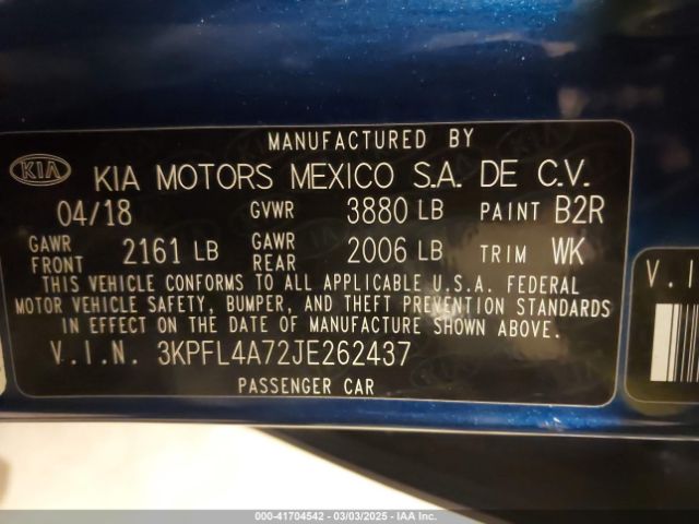 3KPFL4A72JE262437 KIA FORTE LX