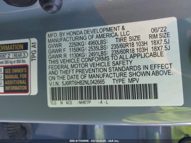 5J6RT6H82NL042665 Honda Cr-v Hybrid Ex-l