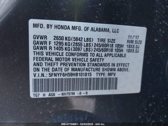 5FNYF6H59HB101815 Honda Pilot Ex-l