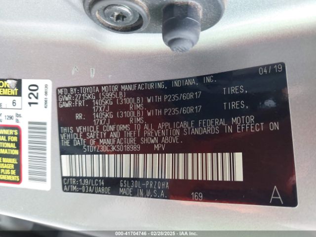 5TDYZ3DC3KS018989 Toyota Sienna Xle 8 Passenger