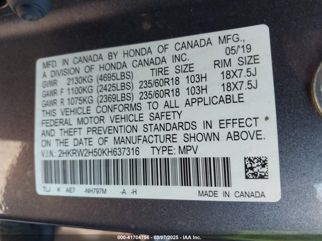 2HKRW2H50KH637316 Honda CR-V EX