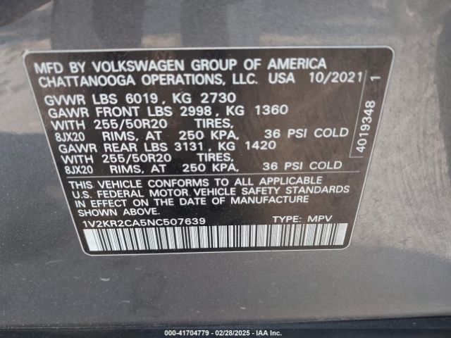 1V2KR2CA5NC507639 Volkswagen Atlas 3.6l V6 Se W/technology