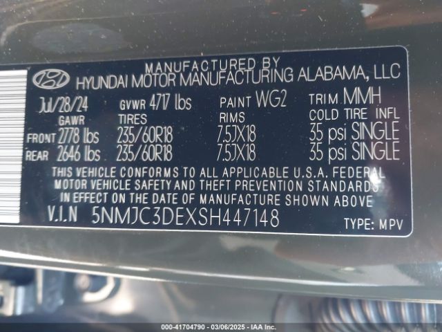 5NMJC3DEXSH447148 Hyundai Tucson Sel Convenience