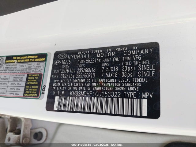 KM8SMDHF1GU153322 Hyundai Santa Fe Se