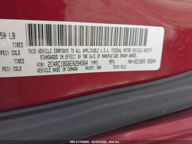 2014 Chrysler Town & Country Touring მანქანა იყიდება აუქციონზე, vin: 2C4RC1BG6ER294564, აუქციონის ნომერი: 41704920